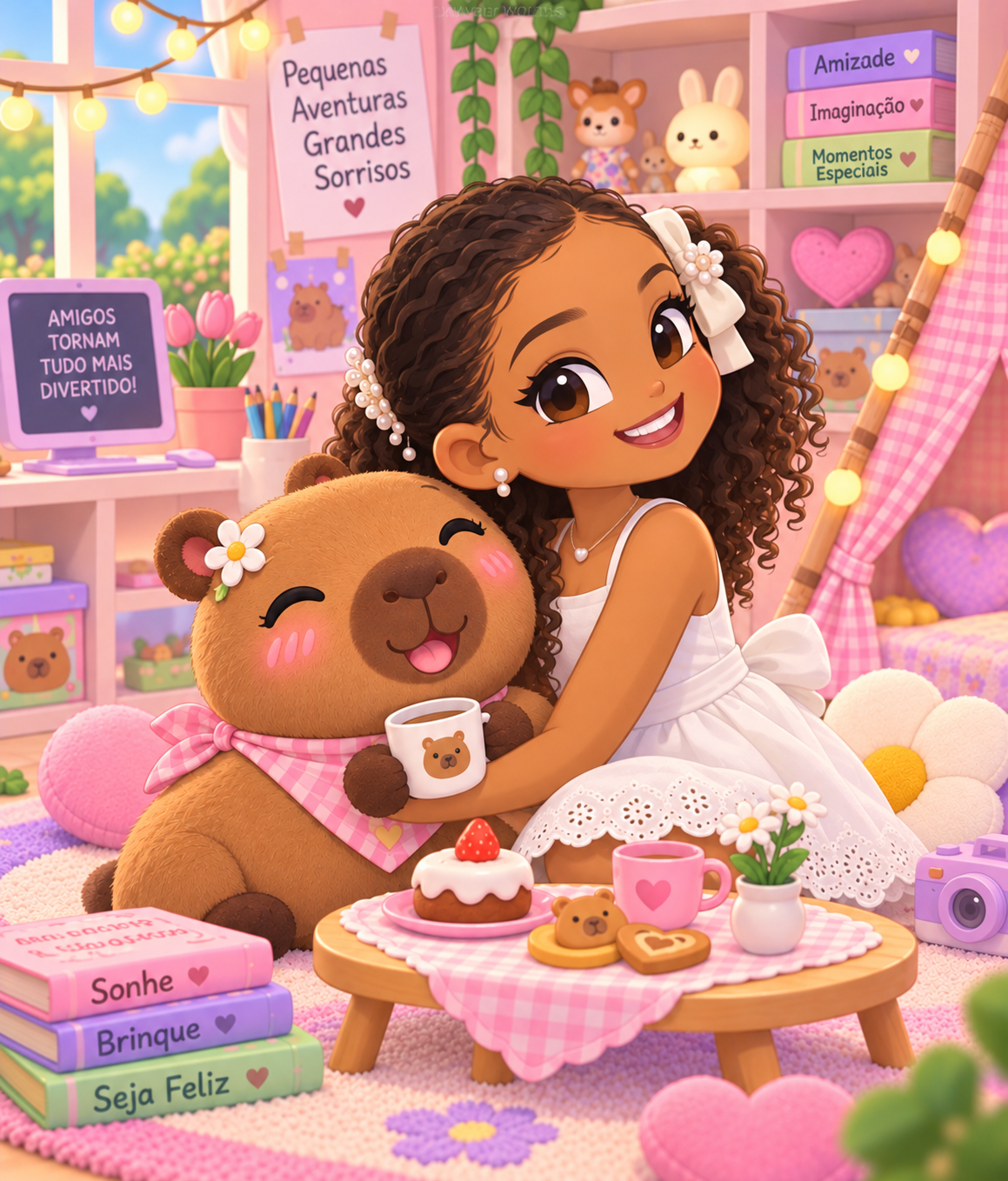 Ilustração da Antonella abraçando uma capivara